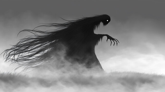 A dark, shadowy figure looms ominously through a misty landscape, evoking mystery and fear in a haunting atmosphere.
