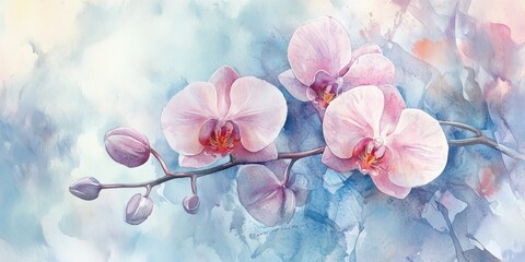 Pink orchids painted on blue watercolor background. © Ali