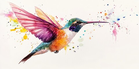 Naklejka premium Watercolor painting of a colorful hummingbird in flight.