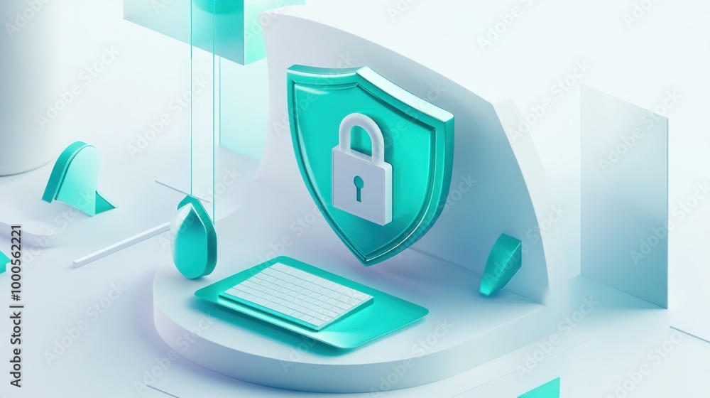 Aufkleber digital illustration of a secure workspace featuring a shield and lock symbolizing cybersecurity.