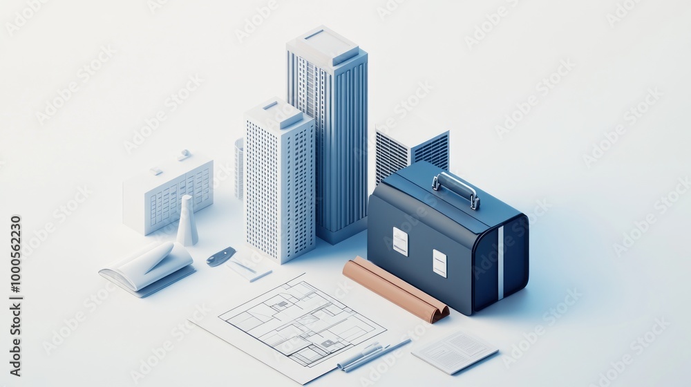 Aufkleber a 3d rendering of a briefcase and architectural models, symbolizing business and planning.
