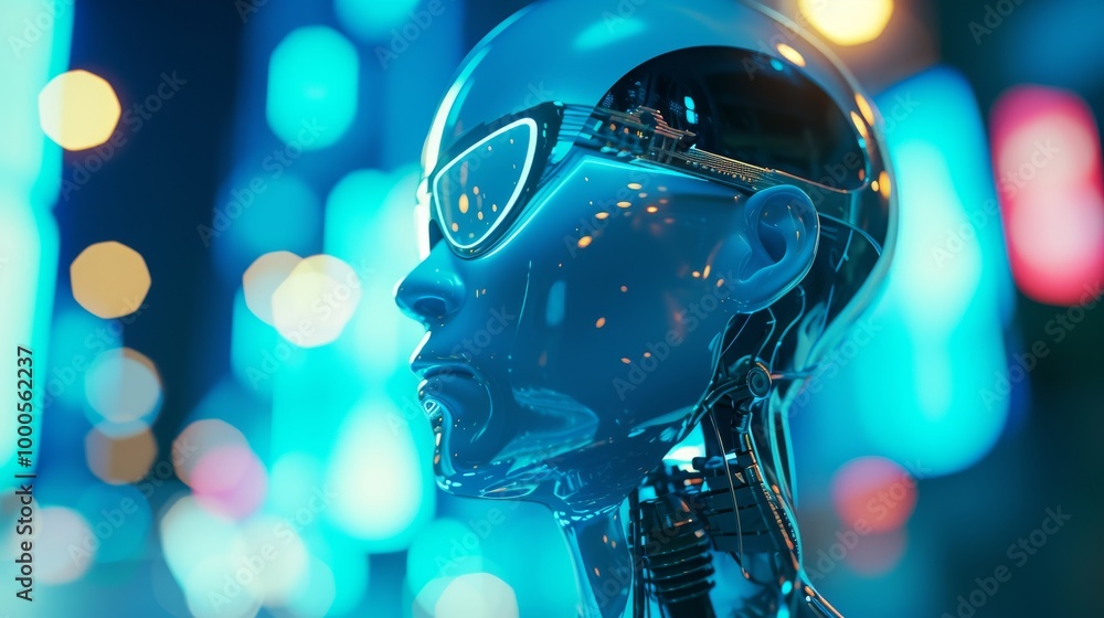 Poster a close-up of a sleek, futuristic robot head with reflective chrome surfaces and detailed mechanical