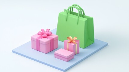 A colorful display of gift boxes and a shopping bag on a simple background.