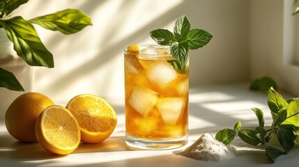Fototapeta premium A glass of iced tea with lemon and mint garnishes, ice cubes, and a sprig of mint, on a white table with lemons and mint leaves in the background.