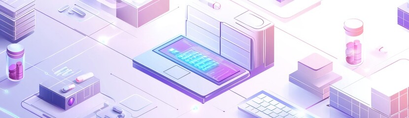 A digital workspace featuring a laptop, pills, and various tech elements.