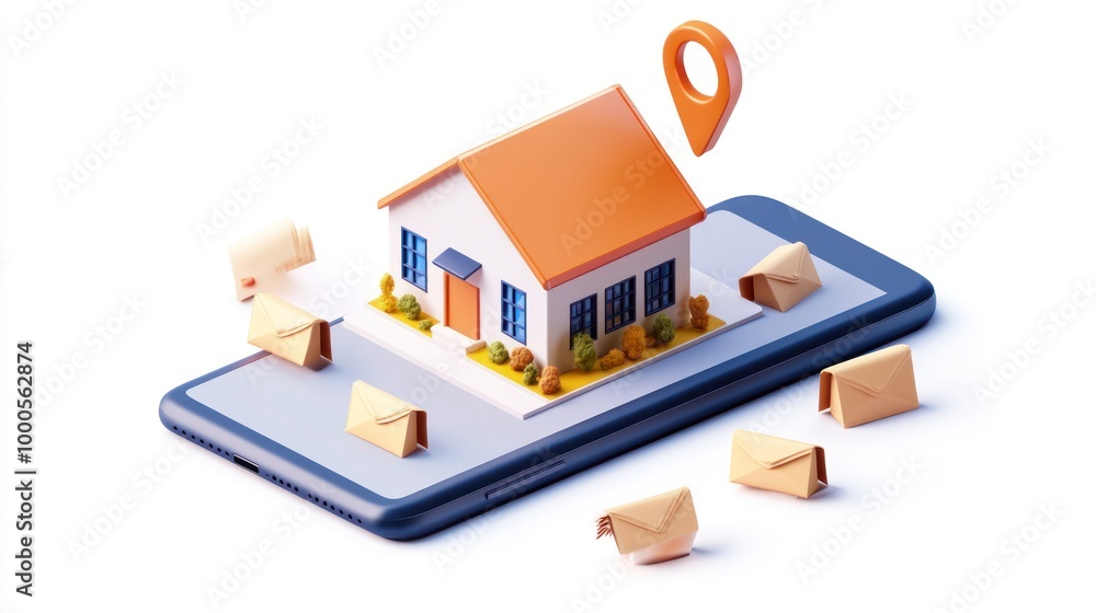 Poster a smartphone displaying a house model with envelopes, symbolizing digital communication in real esta