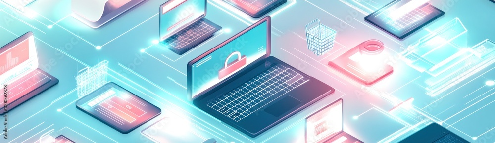 Poster digital devices with security elements, illustrating technology and cybersecurity themes.