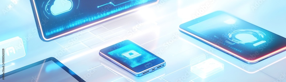Poster abstract representation of digital devices with a focus on technology and connectivity.