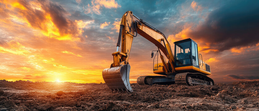A yellow excavator is on a field with a beautiful sunset in the background. Concept of hard work and determination, as the machine is ready to dig and move earth. The sunset adds a touch of serenity