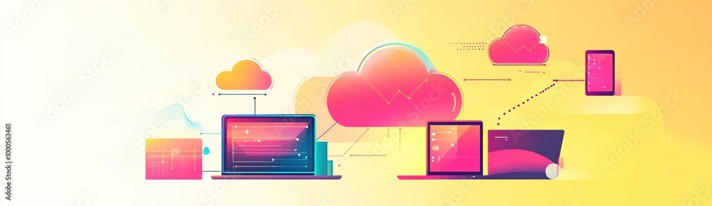 Poster digital illustration depicting cloud computing with devices and data visualization elements.