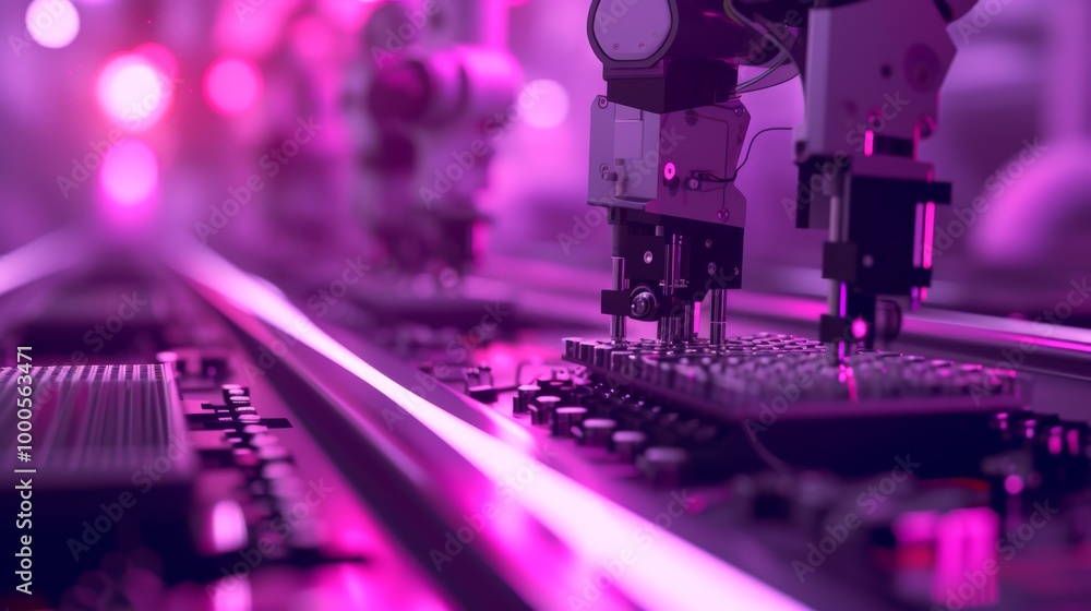 Poster robotic arms work with precision to assemble circuit boards in a high-tech environment. the purple l