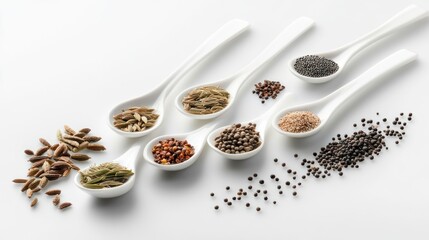 A collection of various spices displayed in white spoons on a clean background.