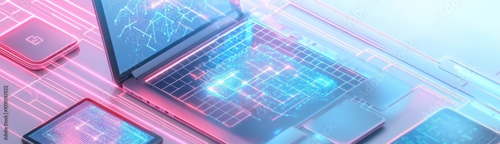 Poster a digital workspace featuring a laptop and devices with glowing circuitry patterns.