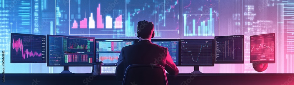 Poster a professional analyzing financial data on multiple screens in a modern office environment.