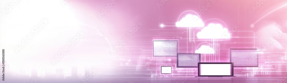 Poster abstract digital background featuring clouds and screens, symbolizing technology and connectivity.