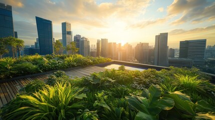 Fototapeta premium Rooftop garden with lush greenery and city skyline at sunset.