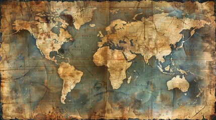 Fototapeta premium Antique World Map on Aged Parchment Paper with Textured Grunge Effect Depicting Geography and