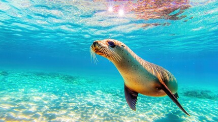 Fototapeta premium A calm sea lion basks in sunlight, surrounded by tranquil ocean waves, showcasing serene marine life under golden rays.