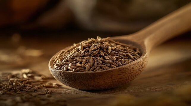 A close-up of cumin seeds in a wooden spoon, emphasizing natural ingredients for cooking.