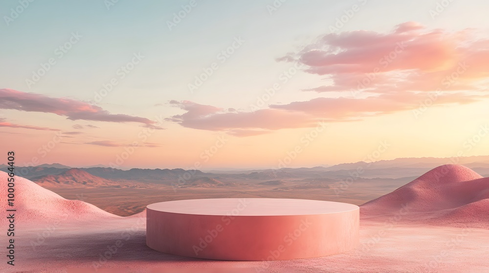 Poster 3. a striking minimal podium positioned in a desolate desert, beneath a captivating gradient sky, of