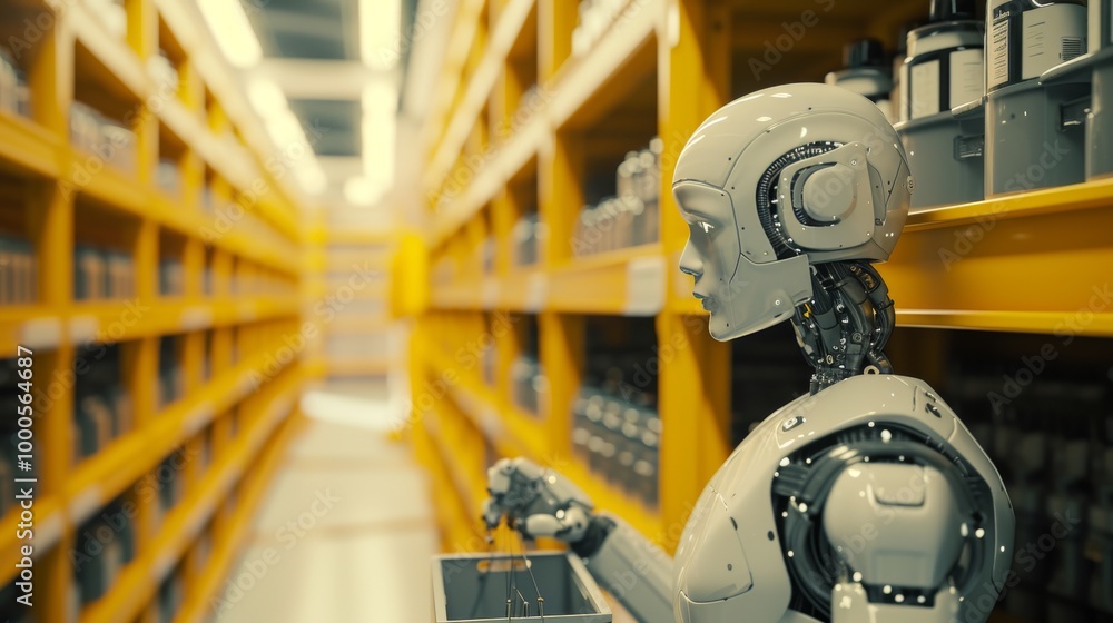 Poster a humanoid robot in a modern warehouse efficiently organizing products. this futuristic scene highli
