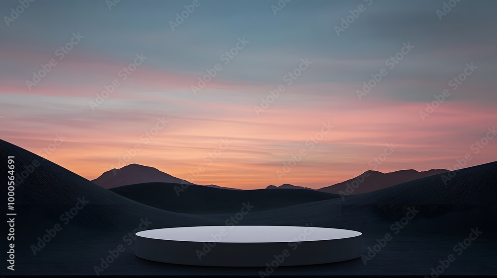 Poster 4. a serene 3d render of a simple podium in a dark desert setting, framed by a beautiful gradient sk