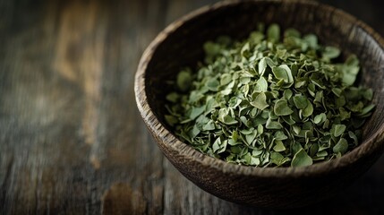 A wooden bowl filled with dried green herbs, highlighting natural ingredients.