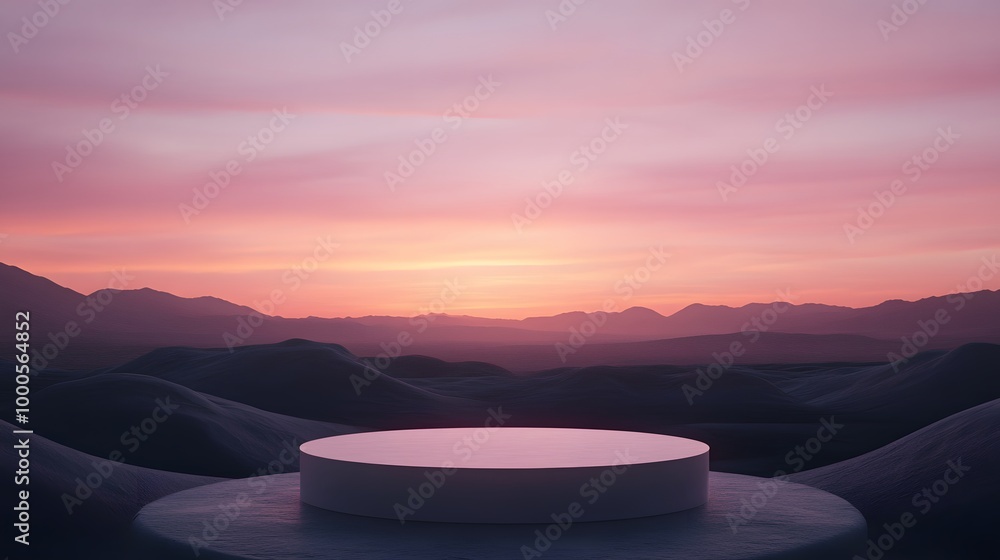 Poster 4. a serene 3d render of a simple podium in a dark desert setting, framed by a beautiful gradient sk