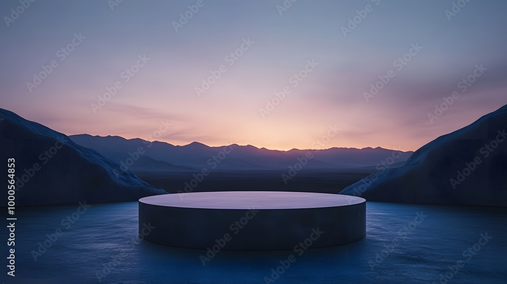 Poster 4. a serene 3d render of a simple podium in a dark desert setting, framed by a beautiful gradient sk