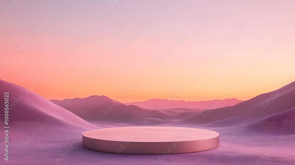 Poster 5. a captivating minimalistic image showcasing a podium in a vast desert, illuminated by a gradient 