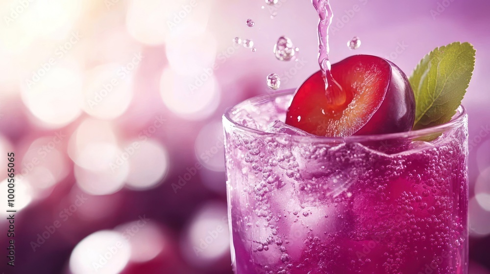 Poster a refreshing drink with a plum slice and mint, surrounded by bubbles and a vibrant background.