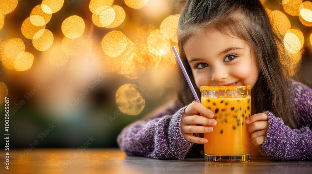 Poster a cheerful child enjoying a refreshing drink with a vibrant background.