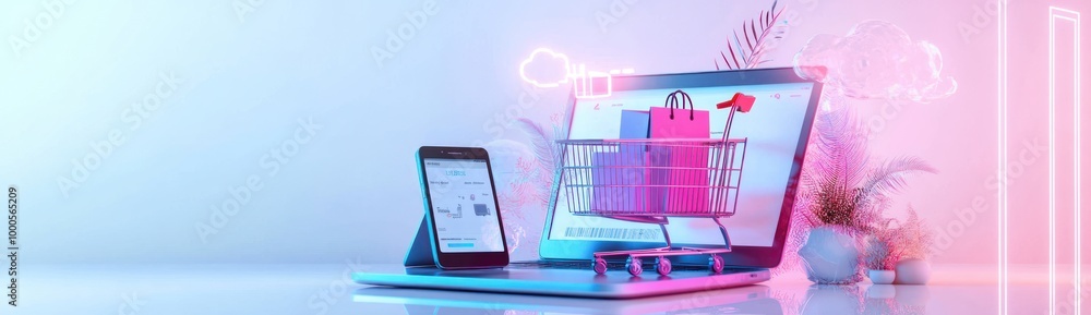 Canvas Prints Digital shopping scene featuring a laptop, smartphone, and shopping cart.