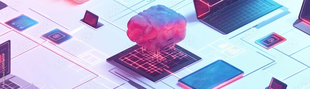 Poster a digital representation of a brain above laptops, symbolizing technology and artificial intelligenc