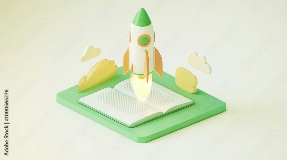 Poster a stylized rocket launching from an open book, symbolizing knowledge and exploration.