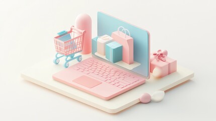 A pastel-themed digital shopping scene with a laptop, shopping cart, and gift boxes.
