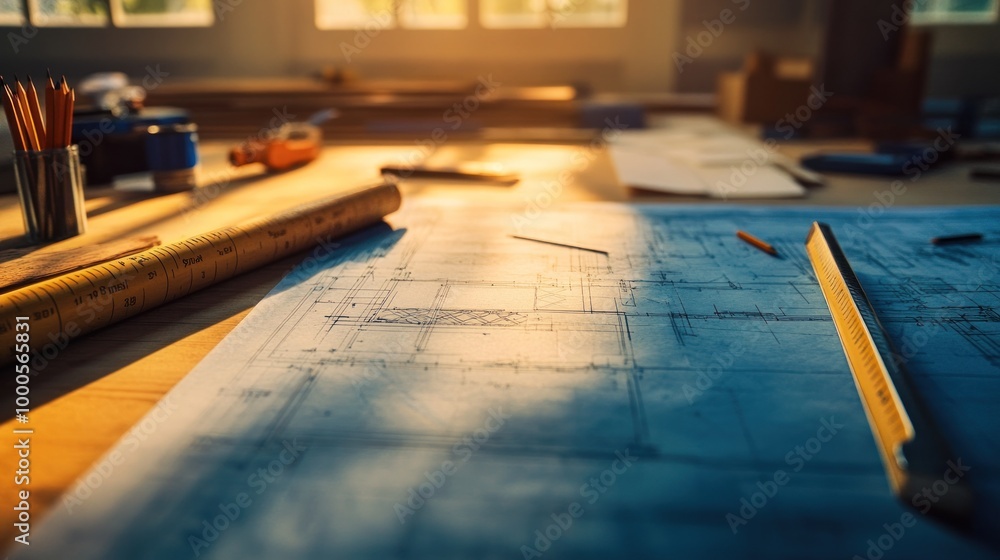 Poster a workspace with blueprints and tools, highlighting design and planning processes.