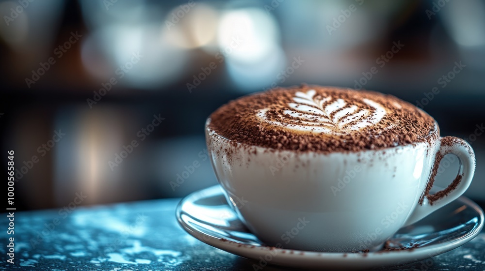 Sticker A close-up of a cappuccino topped with cocoa powder and latte art in a cozy setting.