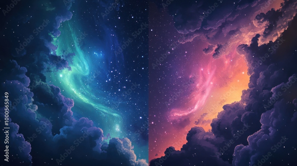 Wall mural a vibrant cosmic scene depicting contrasting nebulae in deep space.