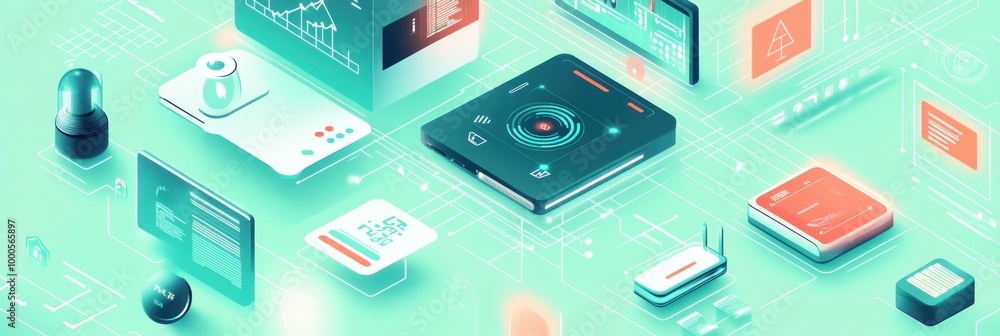Poster a digital illustration showcasing various technological devices and data visualization elements.