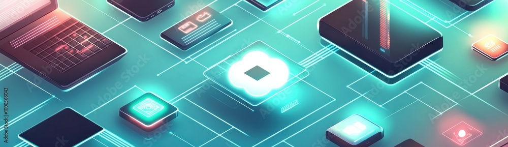 Poster a digital circuit board design featuring glowing components and a central processor.
