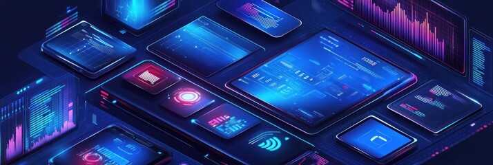 A digital interface showcasing various tech elements and data visualizations.