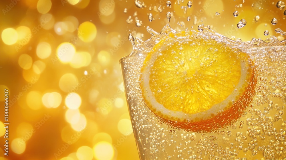 Poster a refreshing drink with a slice of orange, surrounded by sparkling bubbles and a golden background.