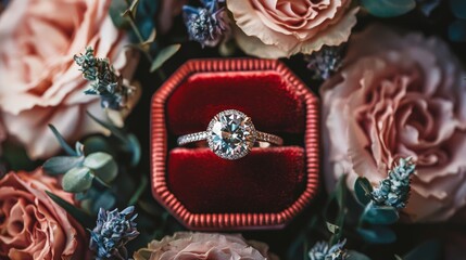Sparkling diamond ring in a red velvet box with a romantic arrangement of pastel flowers.