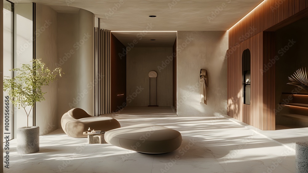 Poster 5. a sophisticated scene featuring an unusual minimalist presentation space, where sleek lines and a