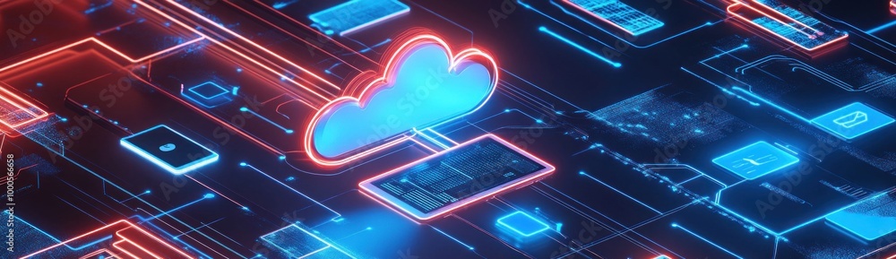 Poster digital illustration of a cloud symbol surrounded by circuit patterns and glowing elements.