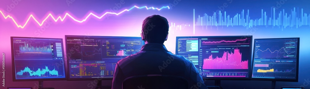 Poster a person analyzing data on multiple screens with financial graphs and trends.