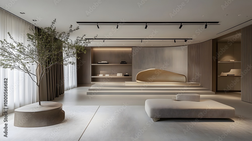 Poster 5. a sophisticated scene featuring an unusual minimalist presentation space, where sleek lines and a