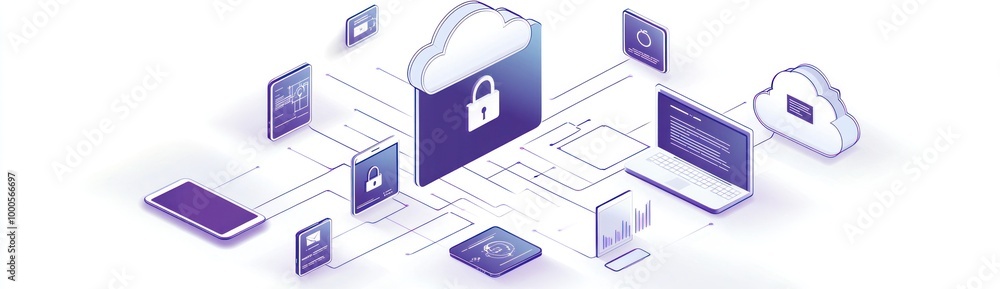 Poster illustration of cloud computing with security features and connected devices.
