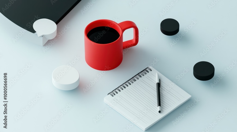 Poster a minimalistic workspace featuring a red mug, notebook, and black and white circular objects.